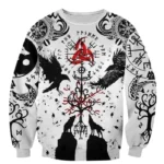 Trygve Wikinger Pullover mit nordischen Runen, Krähen und Wölfen - weißes Wikinger Sweatshirt