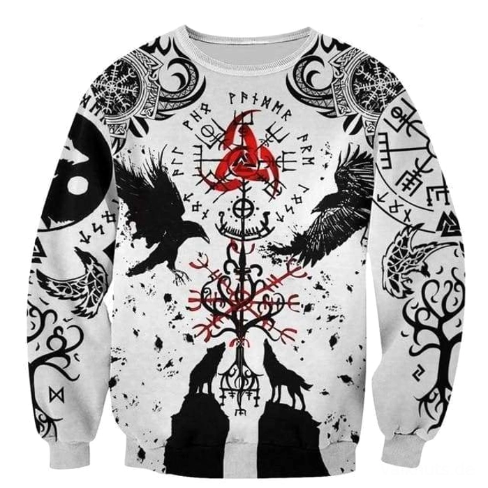 Trygve Wikinger Pullover mit nordischen Runen, Krähen und Wölfen - weißes Wikinger Sweatshirt