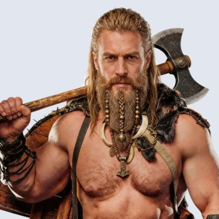 Ein Wikingerkrieger mit einer Wikingeraxt auf dem Rücken und Wikingerschmuck.