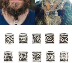 10er Set gemischte Wikinger Bartperlen mit traditionellen nordischen Motiven aus antik silbernem Metall