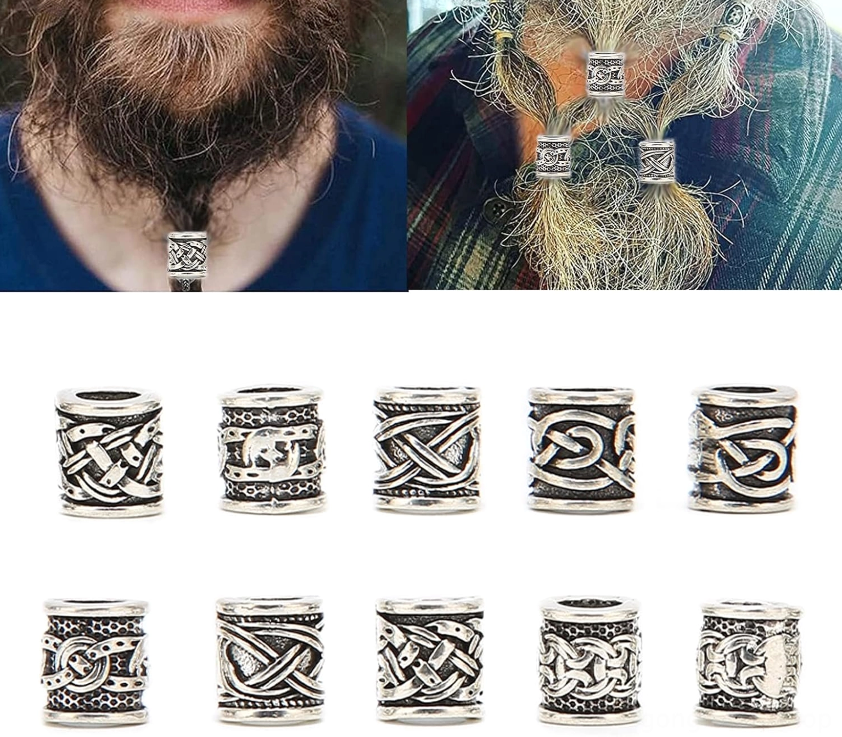 10er Set gemischte Wikinger Bartperlen mit traditionellen nordischen Motiven aus antik silbernem Metall