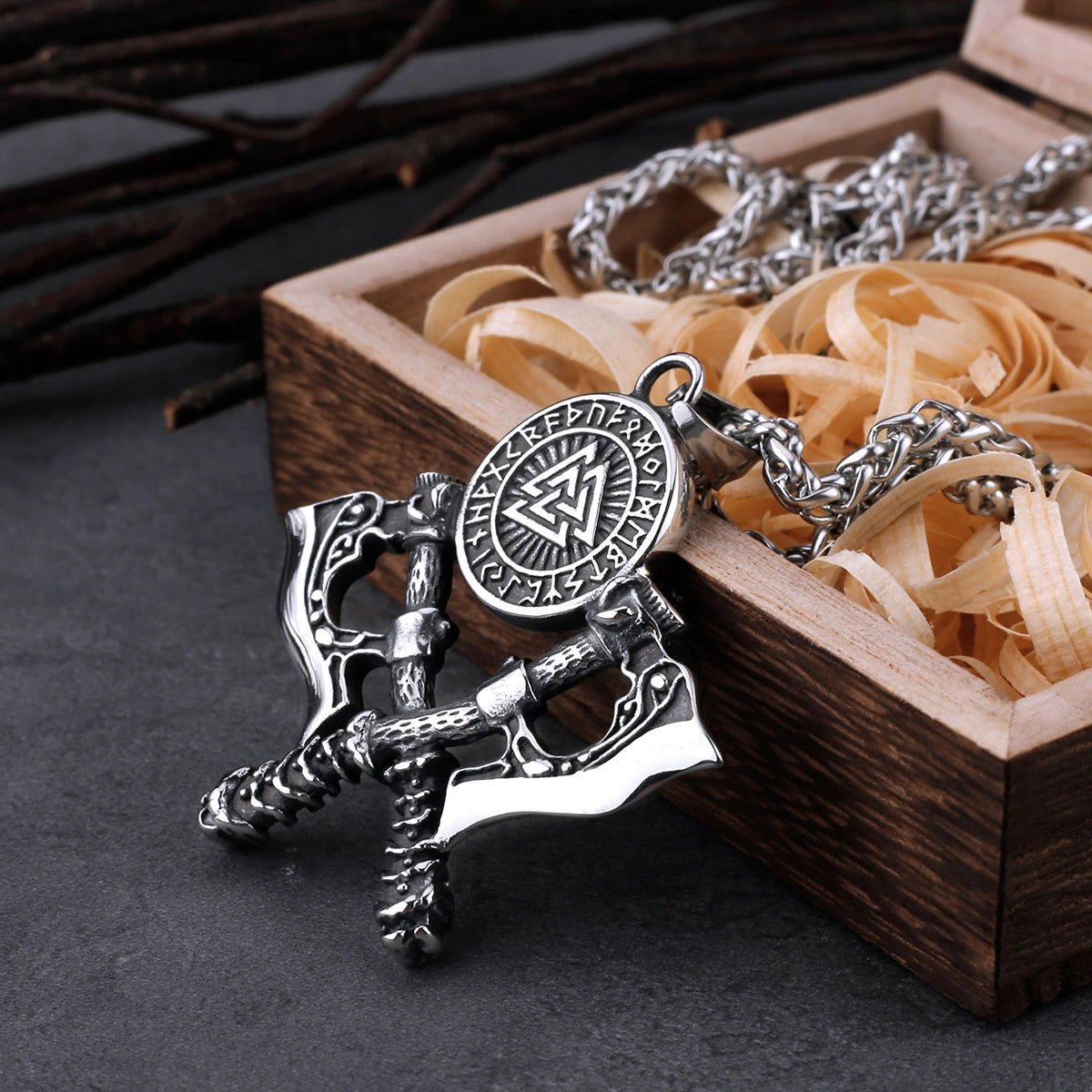 Valknut Necklace with Double Axe And Nordic Rune