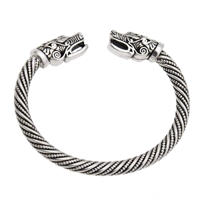 Antik vergoldeter Wikinger Armreif mit Wolfskopf Motiv