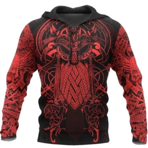 Arvid Wikinger Hoodie mit Wikinger Krieger Motiv, schwarze Kapuzenjacke mit roten Wikinger Mustern für Wikingerkultur Fans
