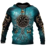 blau-schwarzer Wikinger Hoodie mit Vegvisir Yggdrasil Motiv Wikinger Kapuzenpullover