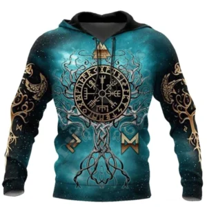 blau-schwarzer Wikinger Hoodie mit Vegvisir Yggdrasil Motiv Wikinger Kapuzenpullover