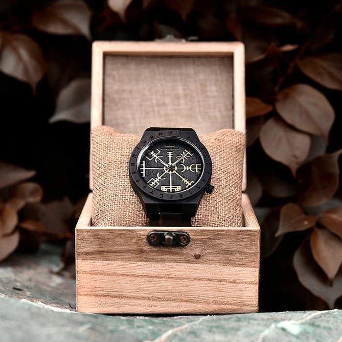 BOBO BIRD Herren Holzuhr Wikinger Vegvisir Kompass Runen