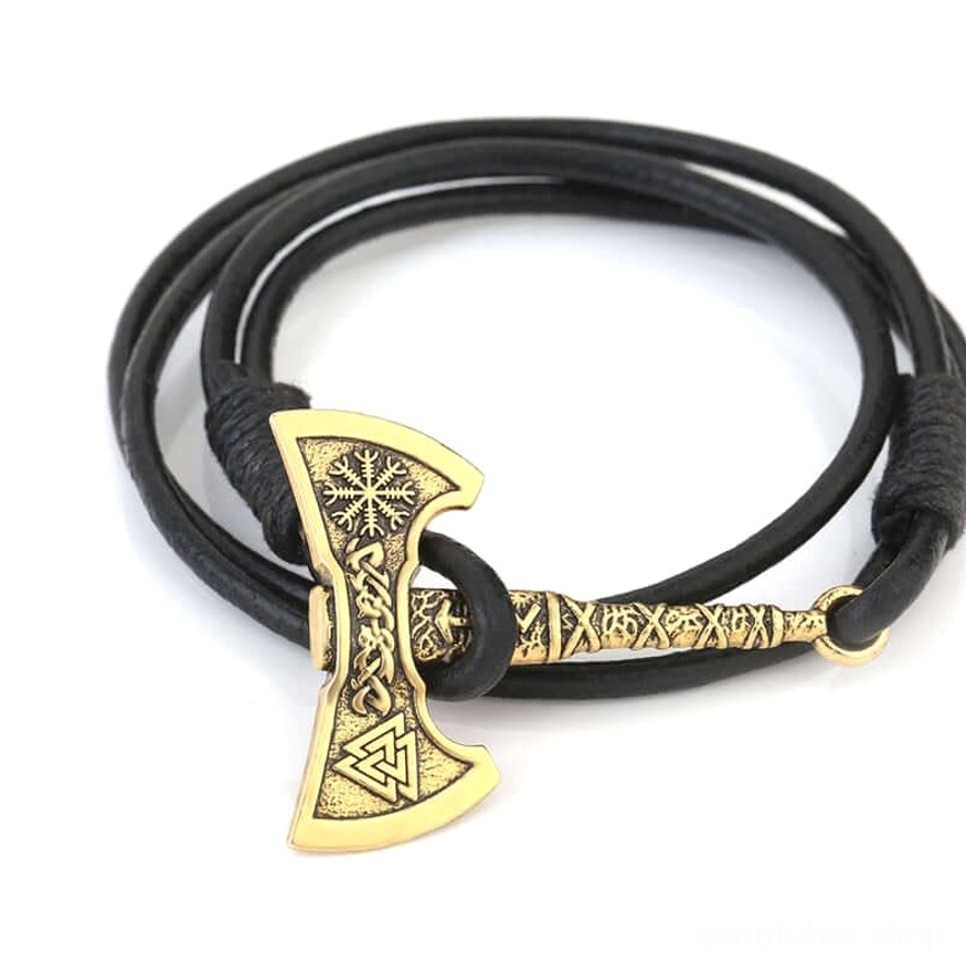 Wikinger Schmuck Streitaxt Armband aus braunem Leder