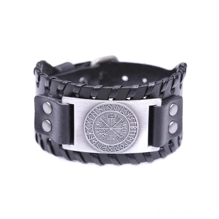 Braunes Wikinger Armband mit bronzenem Vegvisir Kompass Talisman