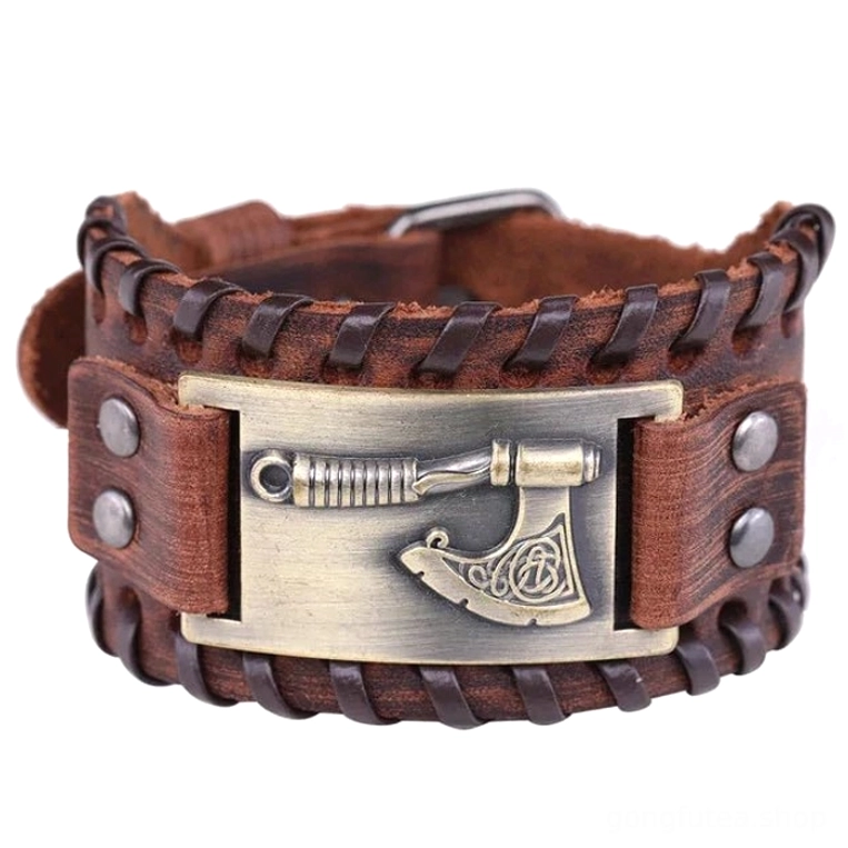 Braunes Wikinger Armband mit bronzefarbener Axt, einfacher Simple Style