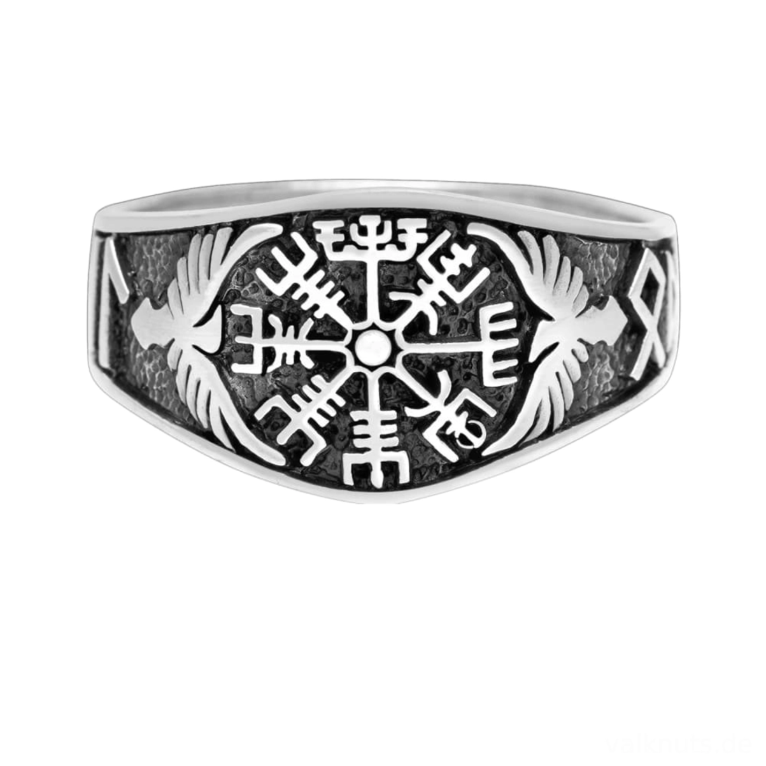 Detailansicht der Gravur auf dem silbernen Wikinger Ring mit Vegvisir und Raben