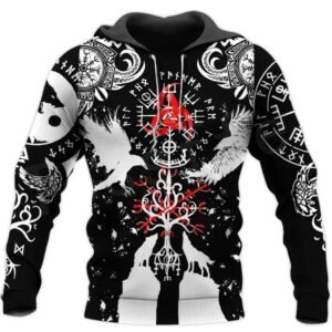 Viking Compass Hoodie – Black with Vegvisir and Nordic Rune Designs