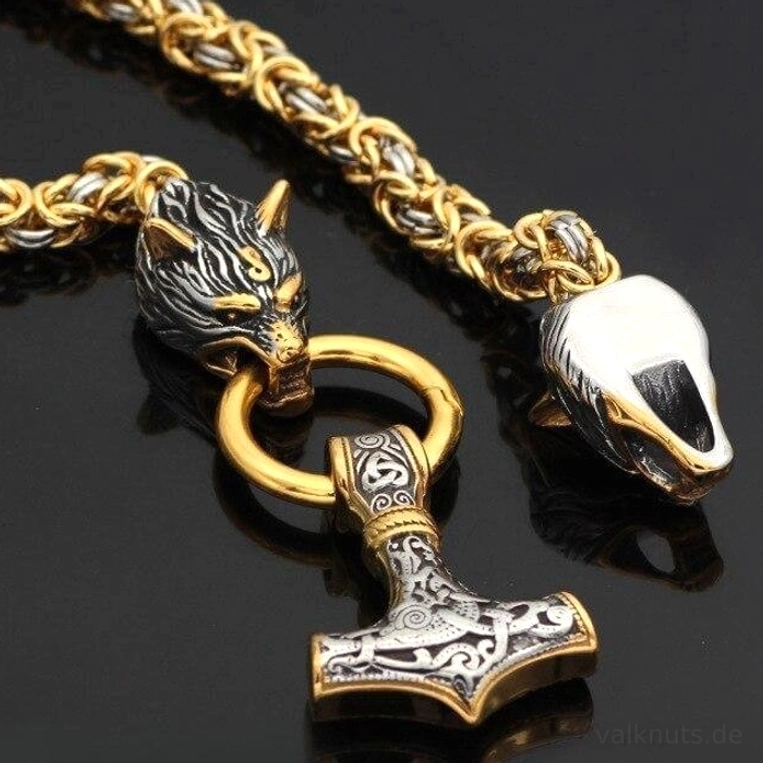 Doppelwolfsköpfe halten Mjolnir Anhänger Wikinger Wolf Kette