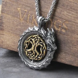 Drehbare Yggdrasil Kette mit Jörmungandr Ring aus Edelstahl, Wikinger Schmuck
