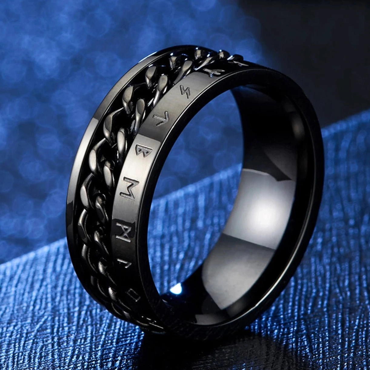 Drehbarer 8mm Wikinger Ring Band mit Odin Runen aus Edelstahl