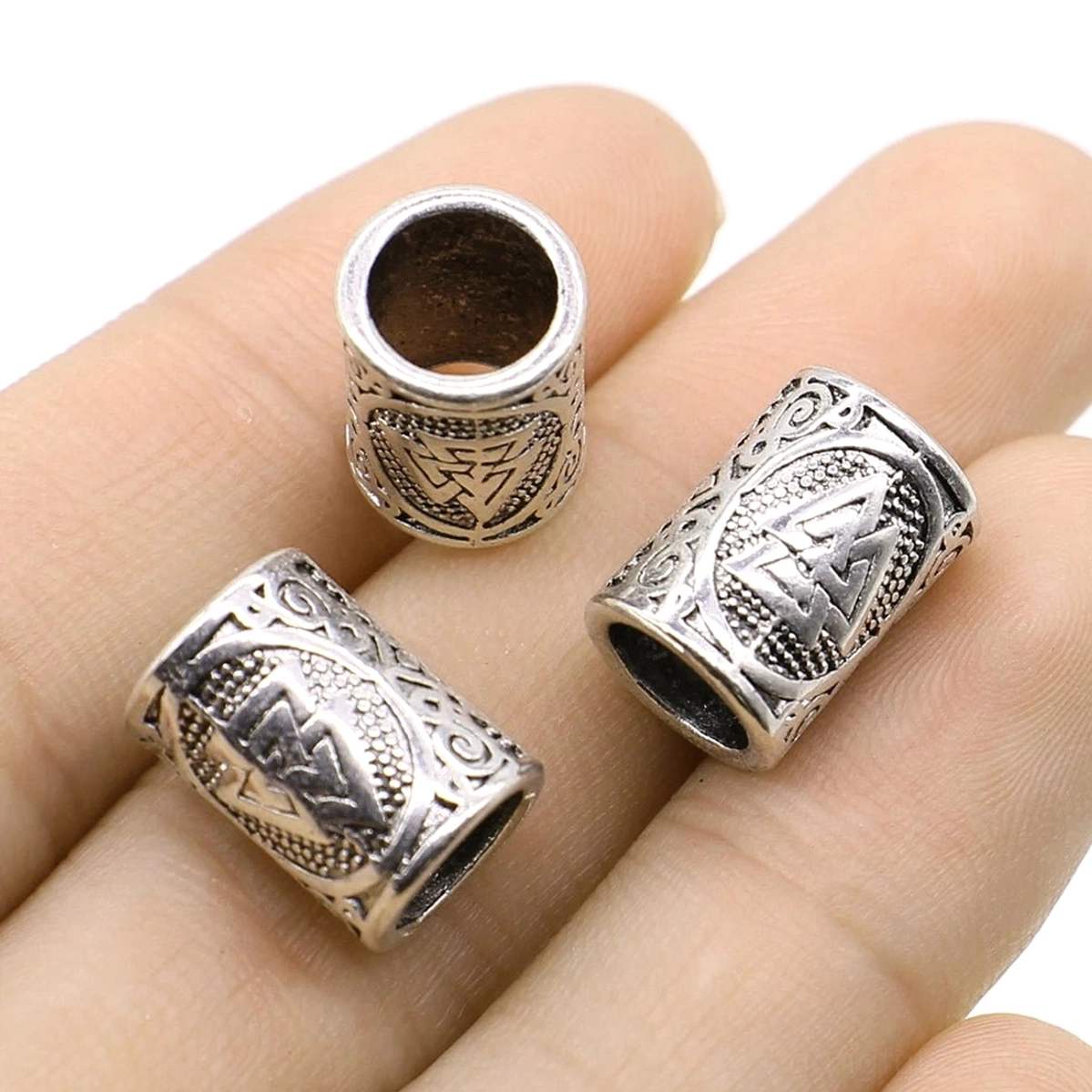 Drei Wikinger Bartperlen mit Valknut Symbol - Komplettes authentisches Wikinger Bartschmuck Set