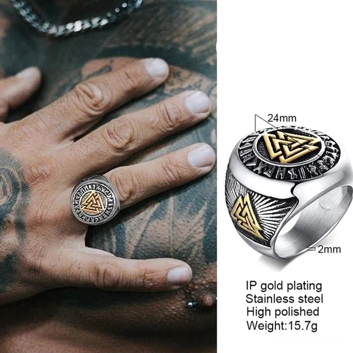 Edelstahl Wikinger Ring mit Triple Knot Valknut und Runen