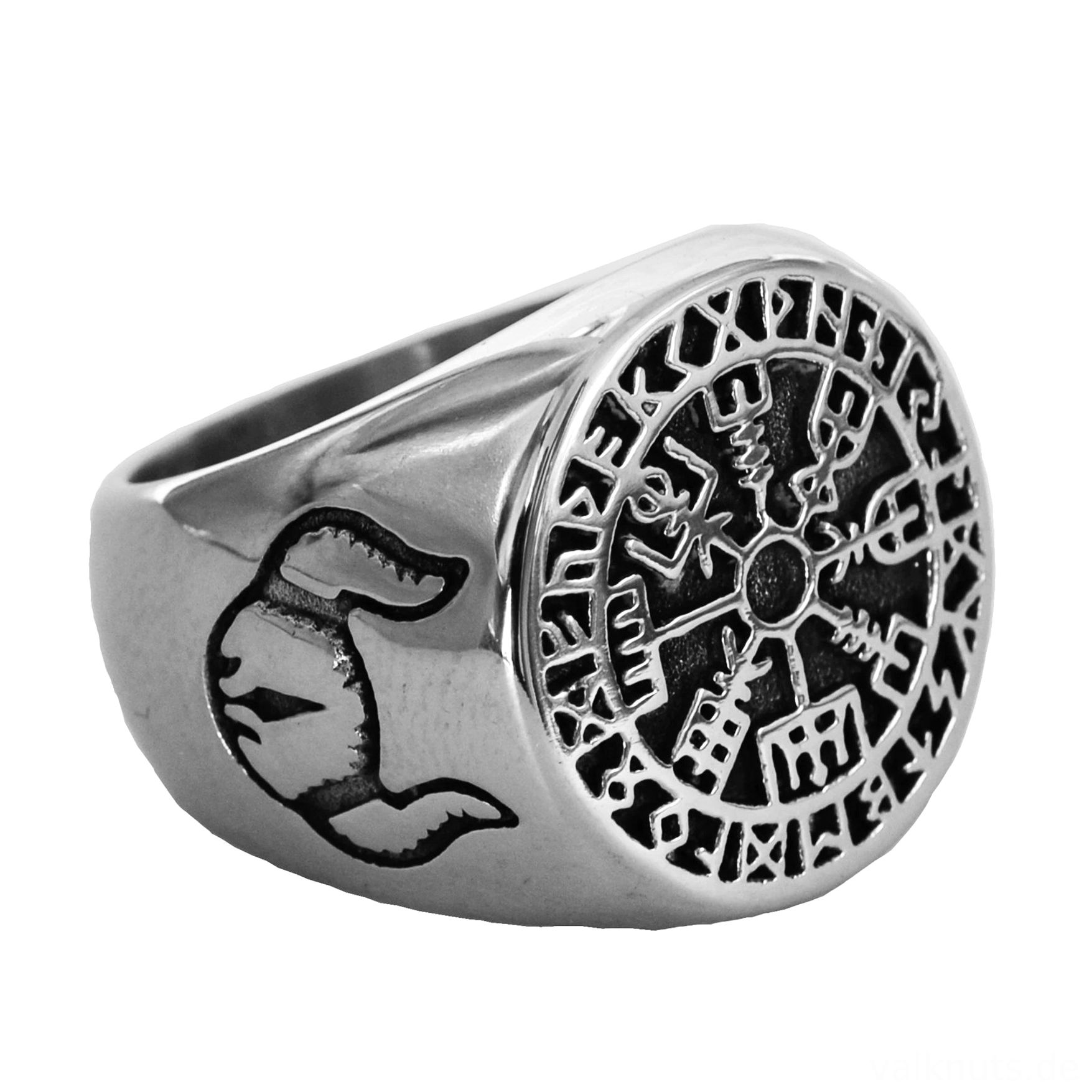 Edelstahl Wikinger Ring Vegvisir von der Seite, Relieff Darstellung von Raben