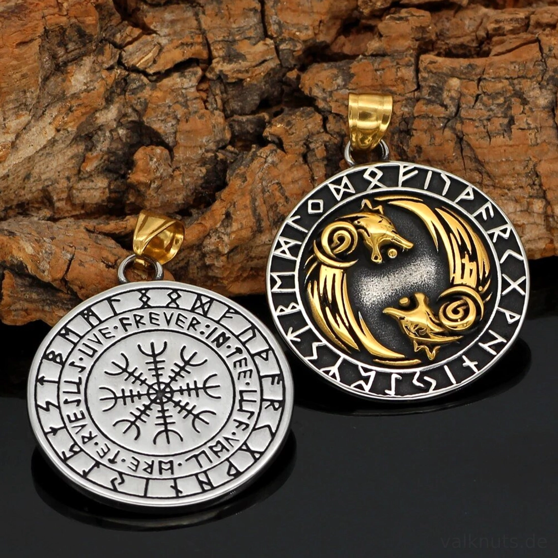 Wolf Kette Geri und Freki aus Edelstahl mit Wikinger Runen