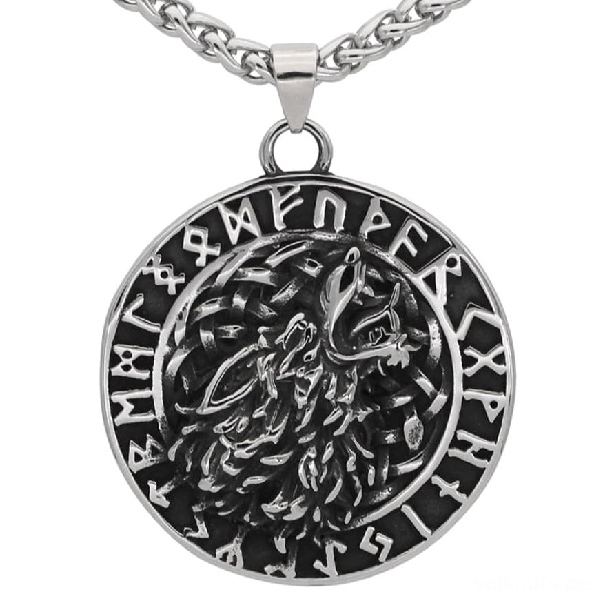 Edelstahl Wolf Kette mit Runen Kreis aus Wikinger Kultur