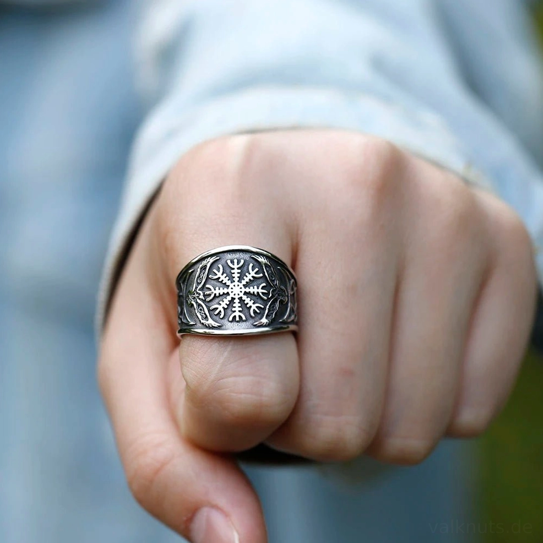 Edler Wikinger Ring Aegishjalmur mit Raben Symbolik als Geschenk