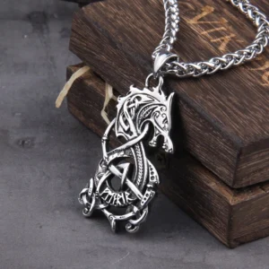 Fenrir Wolf Kette Wikinger aus Edelstahl als Geschenk für Männer, silberfarben