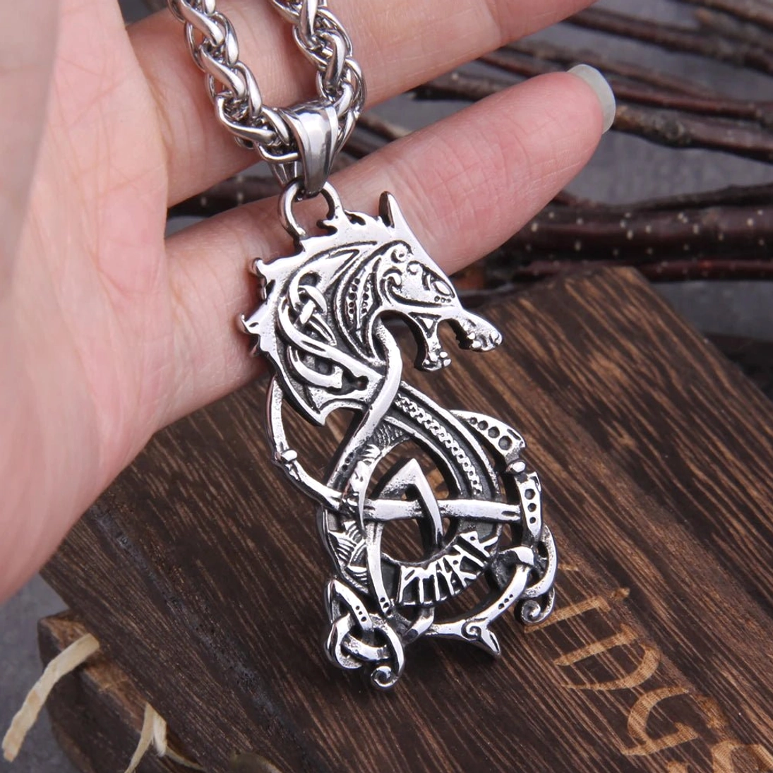 Fenrir Wolf Kette Wikinger mit Holzgeschenkbox, langanhaltend farbbeständig