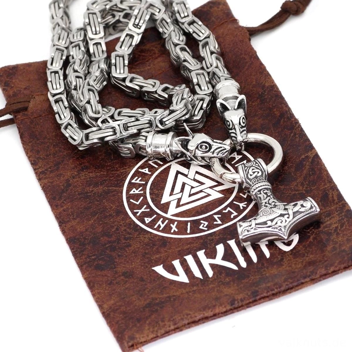 Wolf Kette Thors Hammer mit Zwillingswölfen und Mjolnir Anhänger Wikinger Schmuck