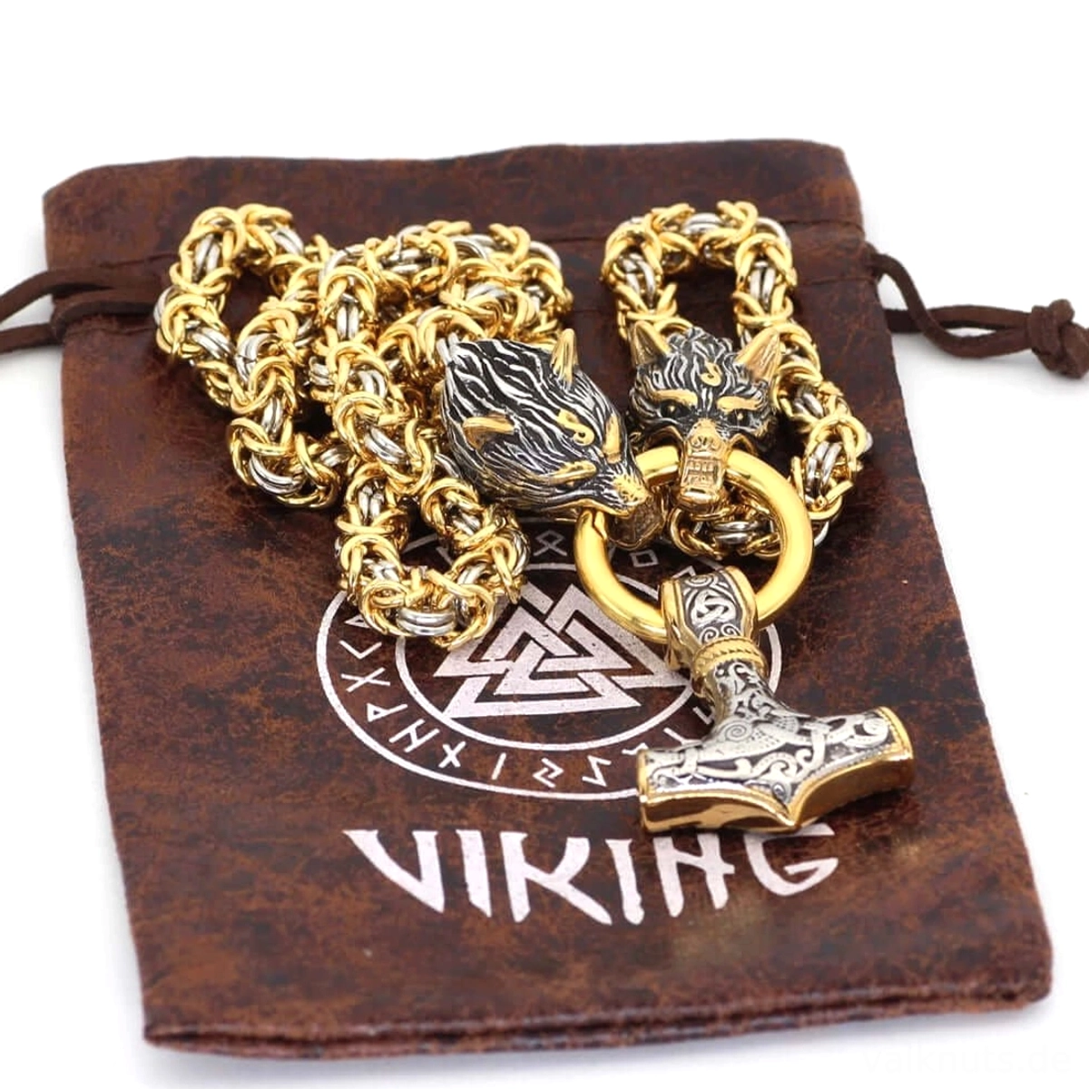 Ganze Wolf Kette Thors Hammer Wikinger Königskette mit Gold Akzenten