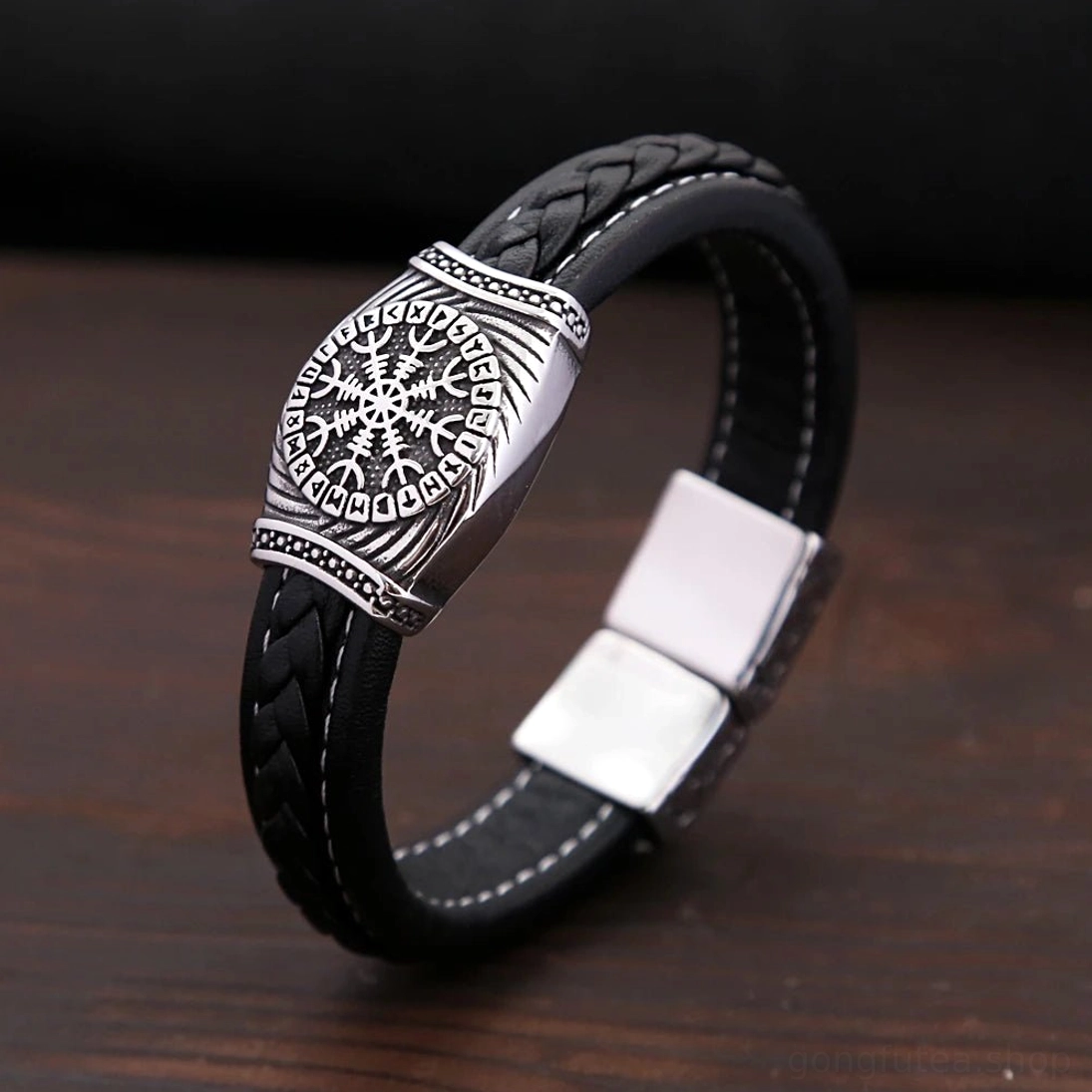 Geflochtenes schwarzes Wikinger Lederarmband mit silbernem Aegishjalmur Amulett