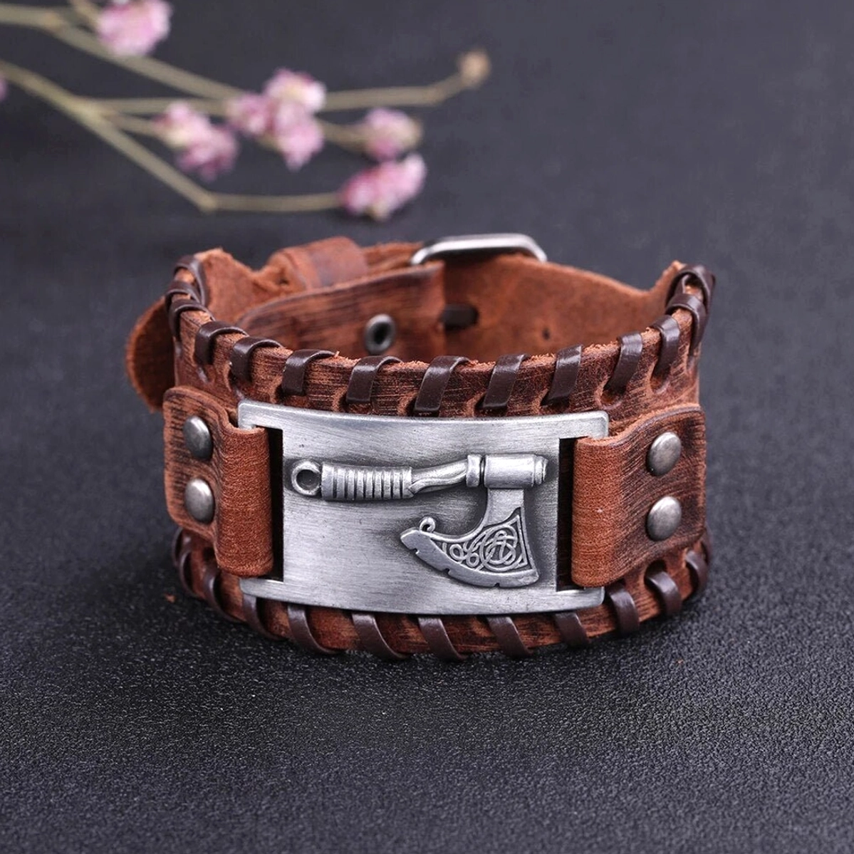 Geflochtenes Wikinger Armband mit Axt Amulett, Leder Wikinger Armband für Männer