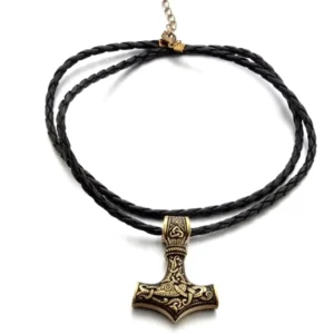 Gesamte Thors Hammer Kette Gold mit schwarzem Lederband Wikinger Kette