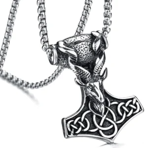 Gesamte Thors Hammer Kette mit Widderkopf Wikinger Anhänger