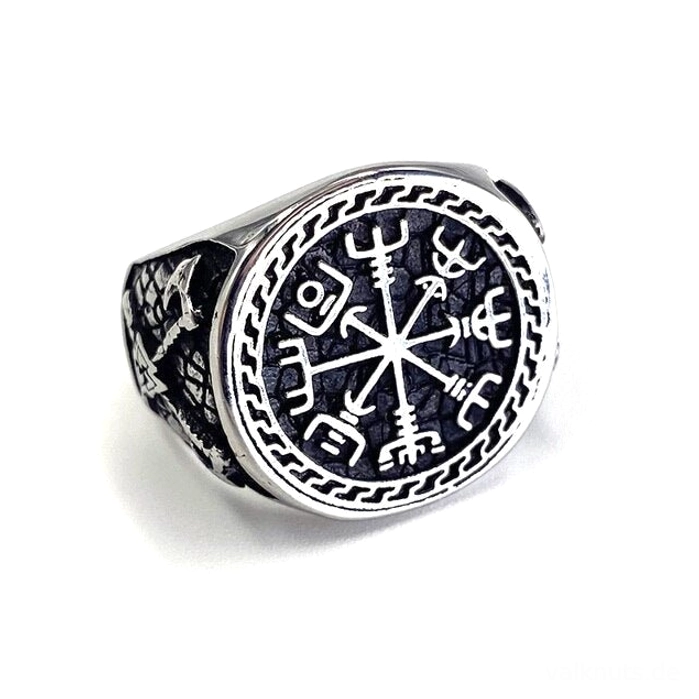 Gold akzentuierter Wikinger Ring mit Vegvisir Muster