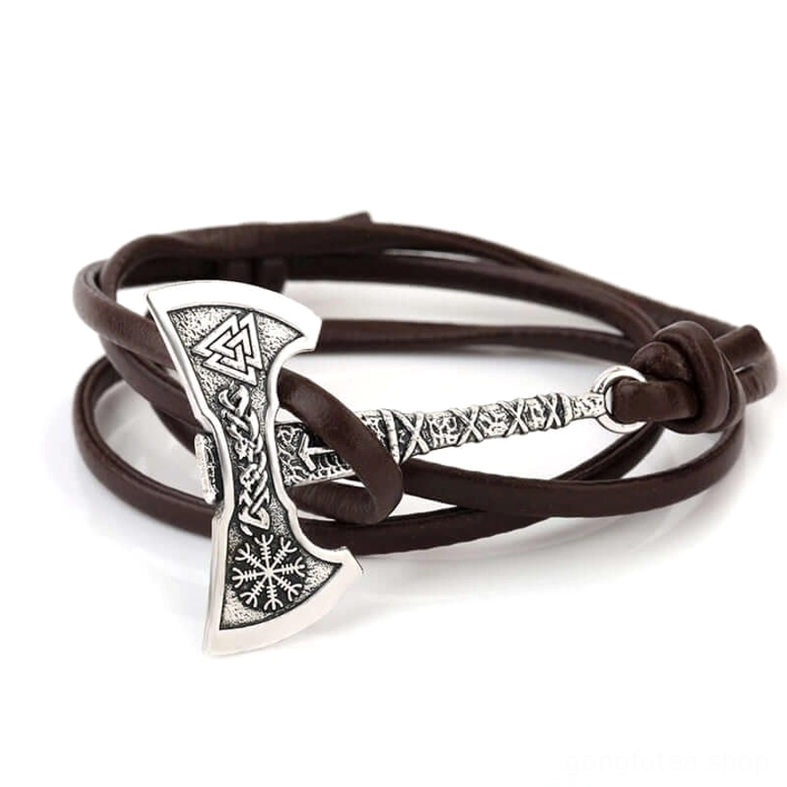 Wikinger Armband goldene Streitaxt auf schwarzem Leder