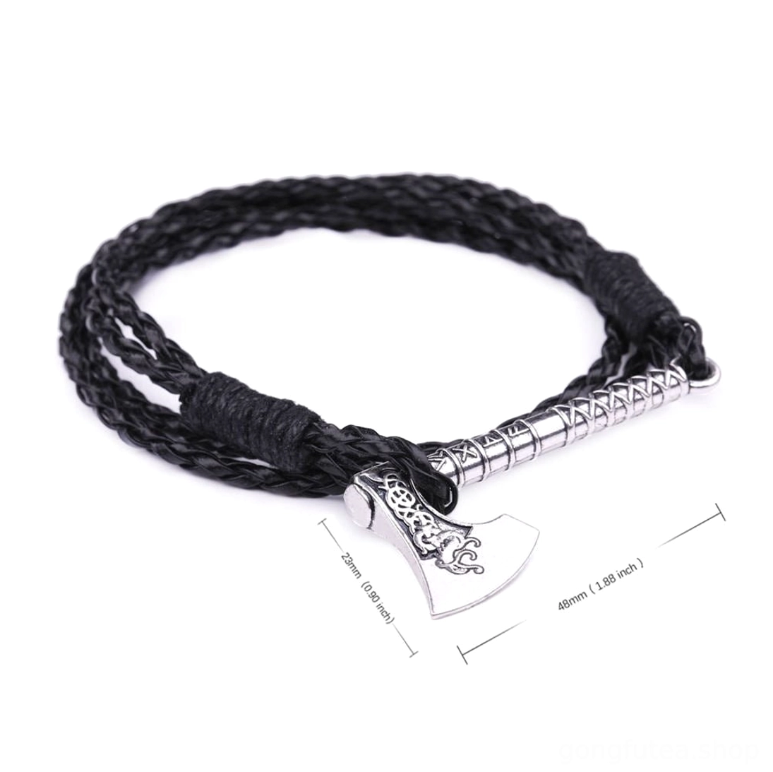 Wikinger Armband mit goldener verzierter Wikinger Axt und schwarzem Leder