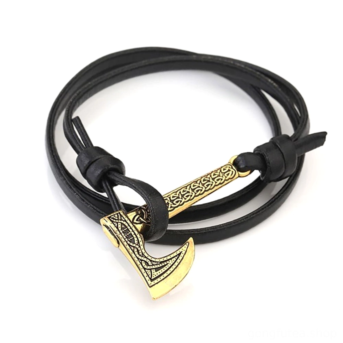 Goldene Wikinger Axt an schwarzem Glattleder Armband