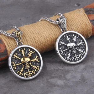 Goldene Wikinger Kette mit Totenkopf und Vegvisir Kompass Wikinger Anhänger
