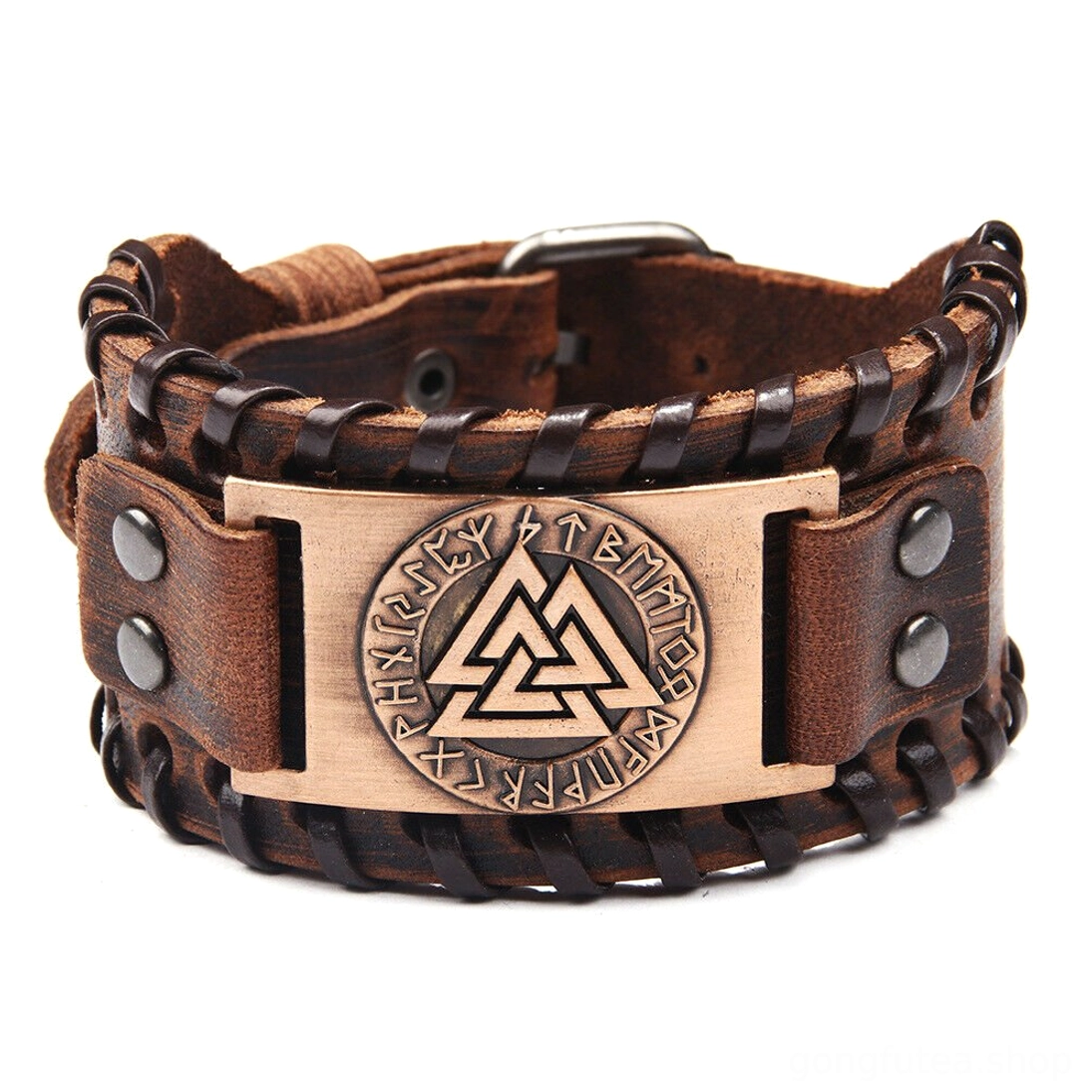 Hochwertiges Leder Wikinger Armband mit goldenem Valknut