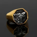Goldener Wikinger Ring mit Wolfskopf Odins Geri und Freki aus Edelstahl