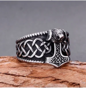 Goldener Wikinger Ring mit Thorshammer und Keltenknoten