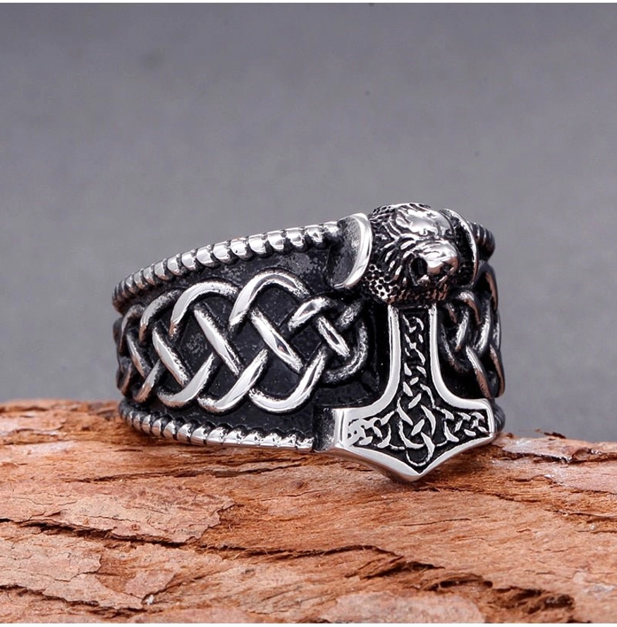 Goldener Wikinger Ring mit Thorshammer und Keltenknoten