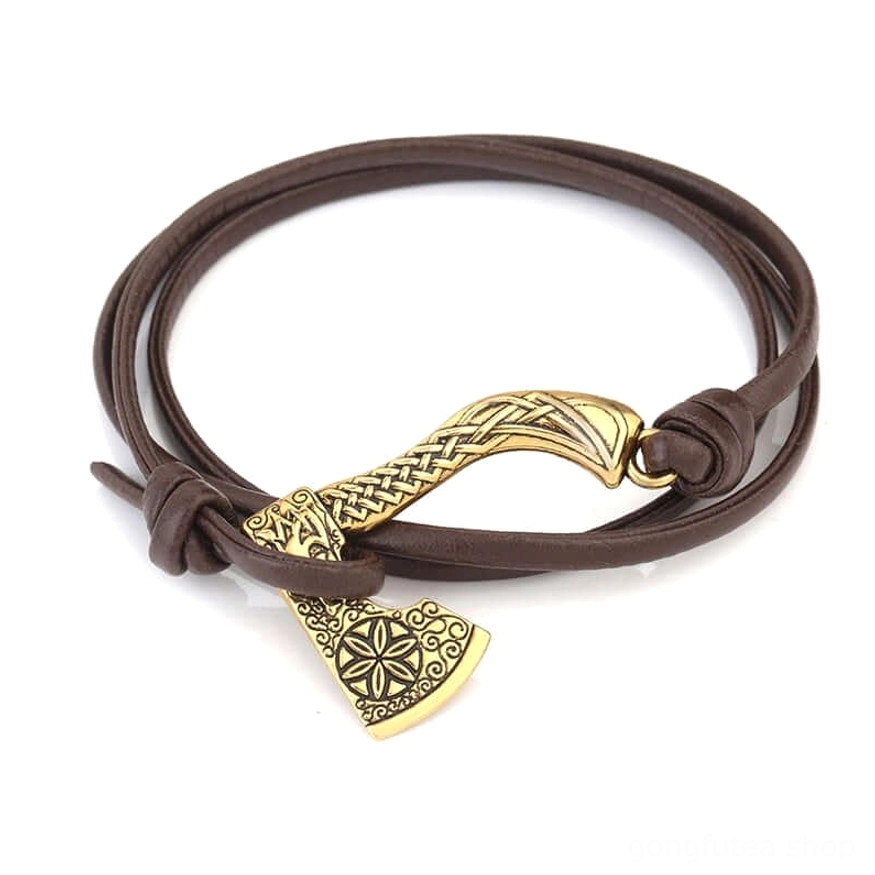 Goldenes Wikinger Armband mit Axt und Schwarz Leder