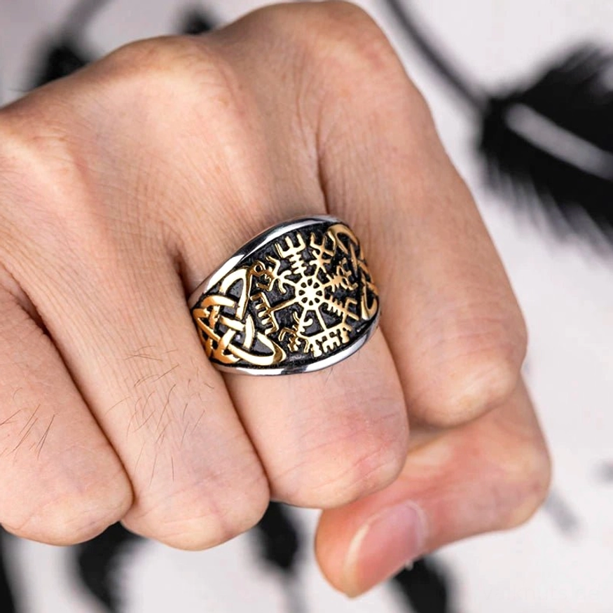 Goldfarbener Wikinger Ring Vegvisir aus Edelstahl mit Runen