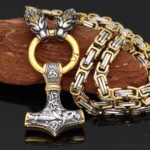 Goldveredelte Thors Hammer Kette mit zwei Tigerköpfen und Mjölnir für Wikinger Liebhaber
