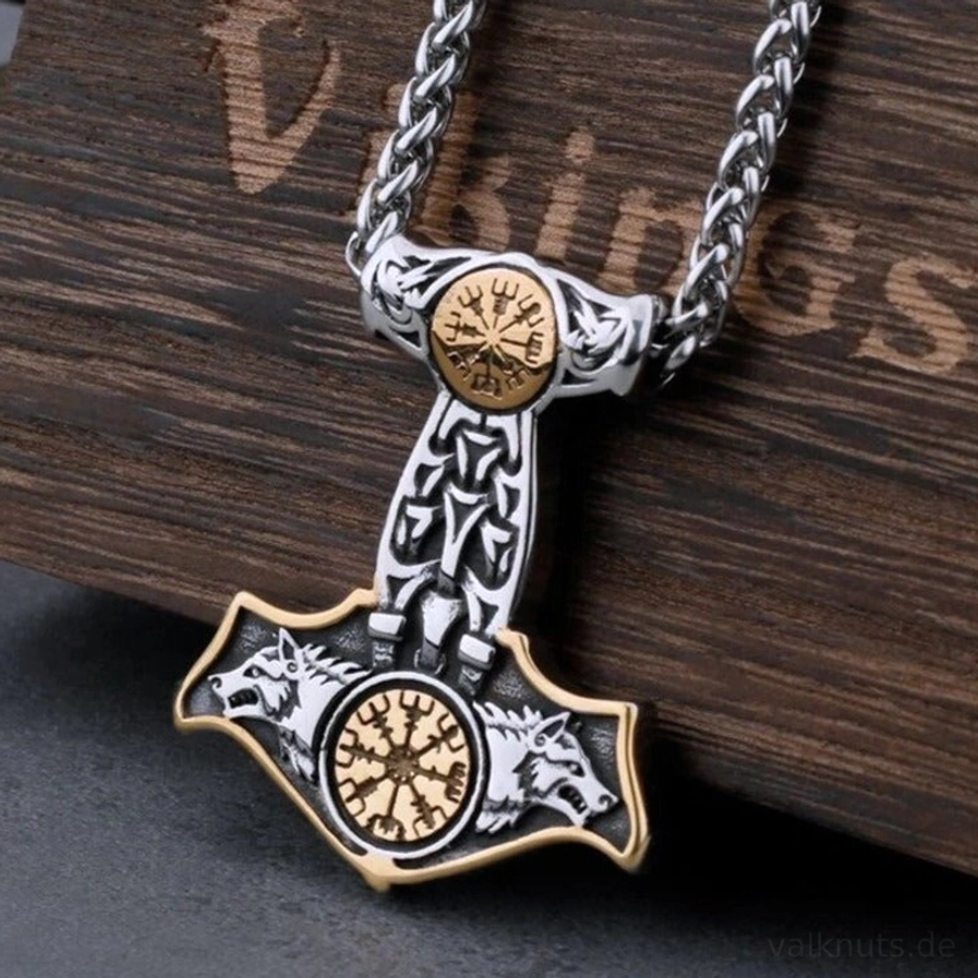Goldveredelte Thors Hammer Wolf Kette Mjolnir mit Odins Wölfen und Runen