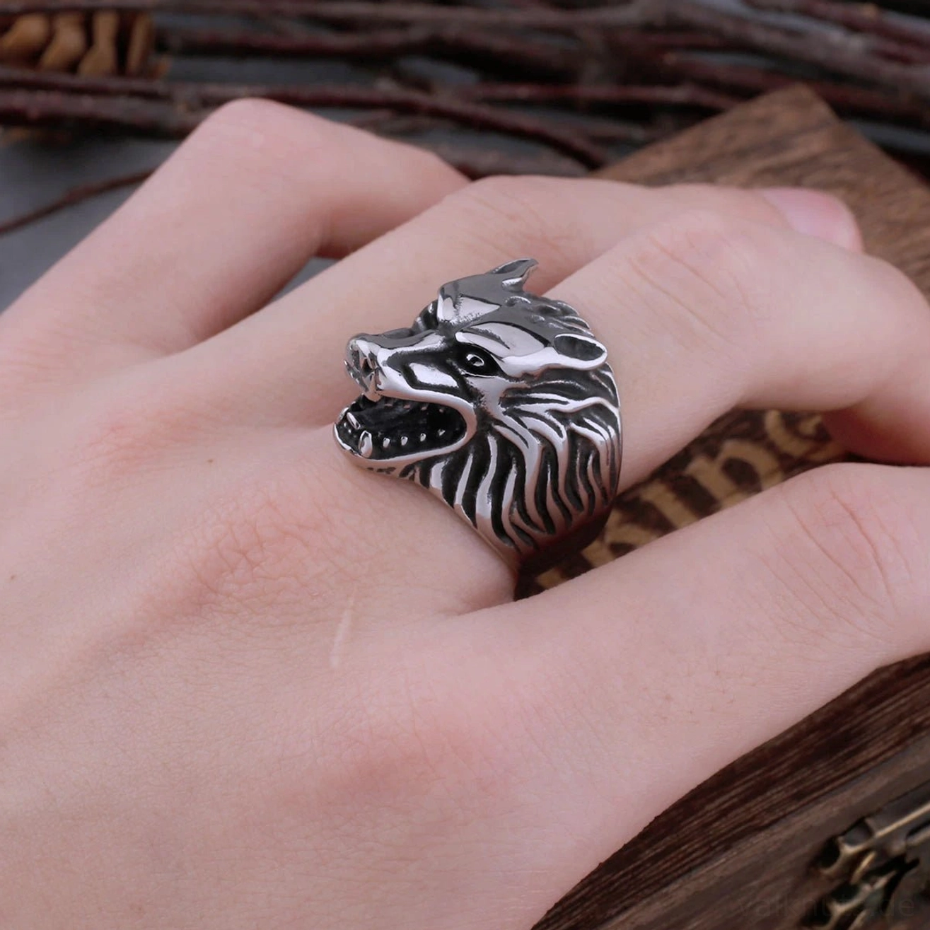 Gothischer Wikinger Ring Fenrir Wolf als Amulett, Retro Wikingerschmuck
