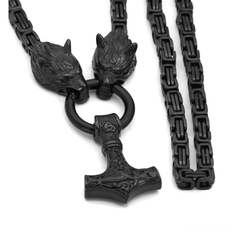 Großenübersicht Thors Hammer Wolf Kette mit Mjolnir Anhänger und Wolfsköpfen