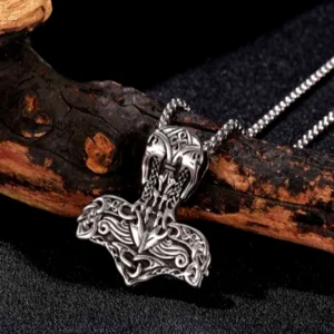 Handgefertigte Thors Hammer Kette Midgard aus Edelstahl mit wikingerischen Ornamenten