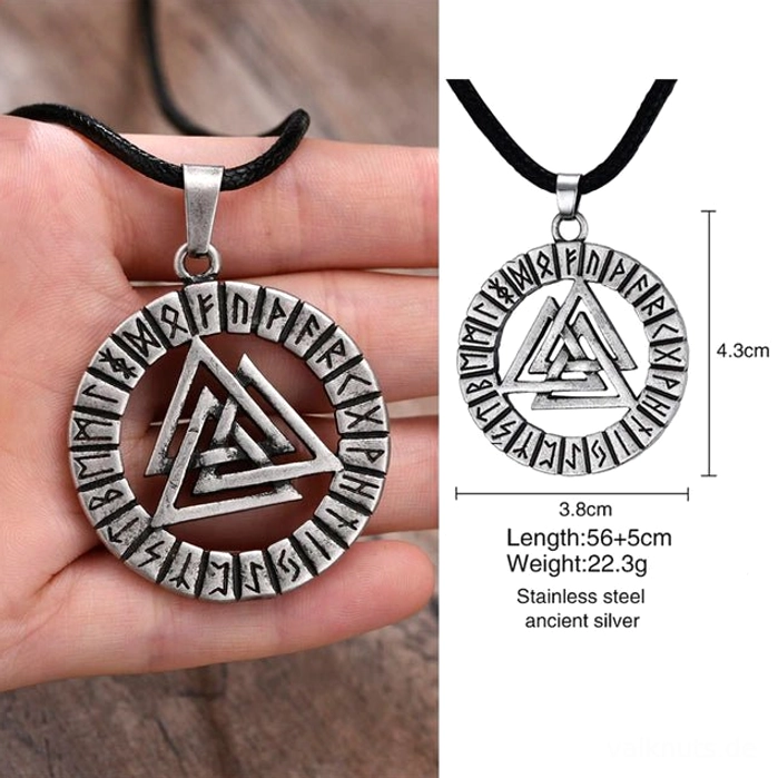 handgefertigte wikinger kette valknut symbol auf schwarzem seil